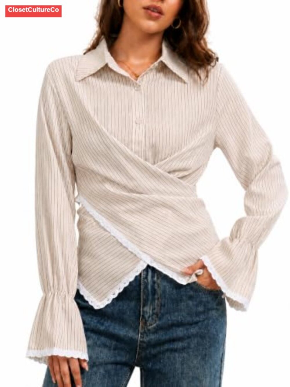 Women's Striped Wrap Button Down Shirt Tie Back Waist Lace Trim Bell Sleeve Top